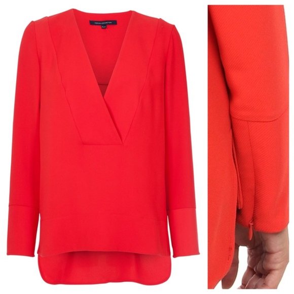 French Connection Arrow Crepe Long Sleeve V-Neck Top in Red - Picture 4 of 4